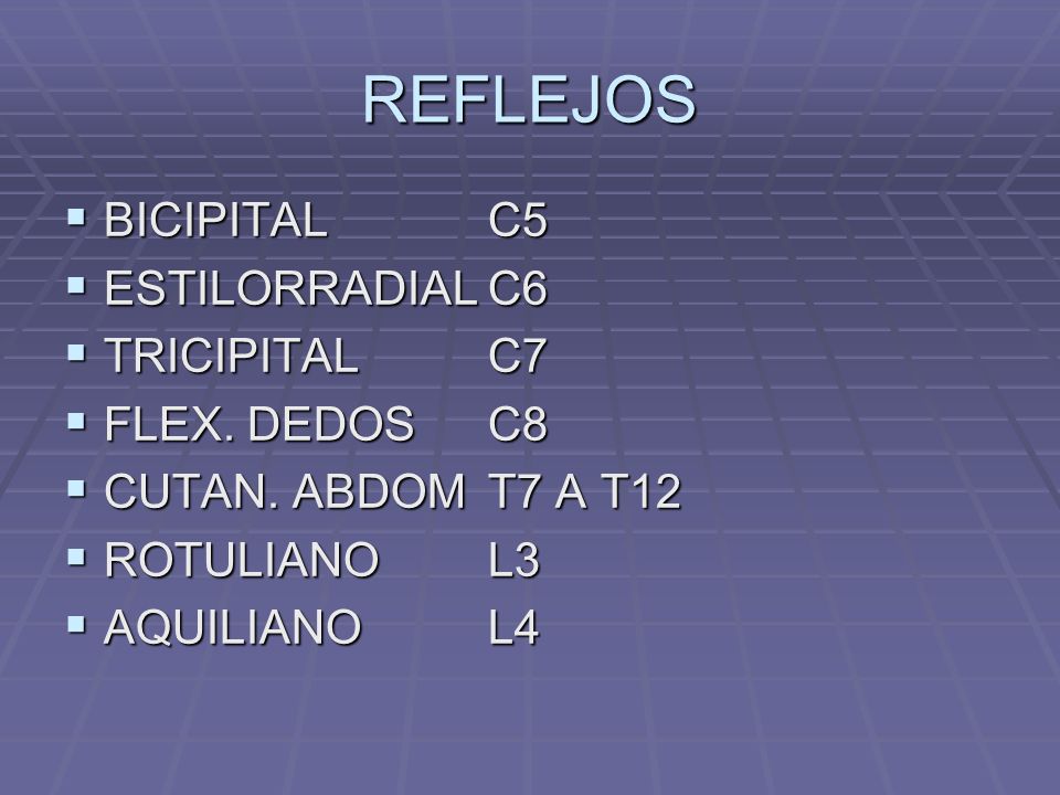 REFLEJOS BICIPITAL C5 ESTILORRADIAL C6 TRICIPITAL C7 FLEX. DEDOS C8
