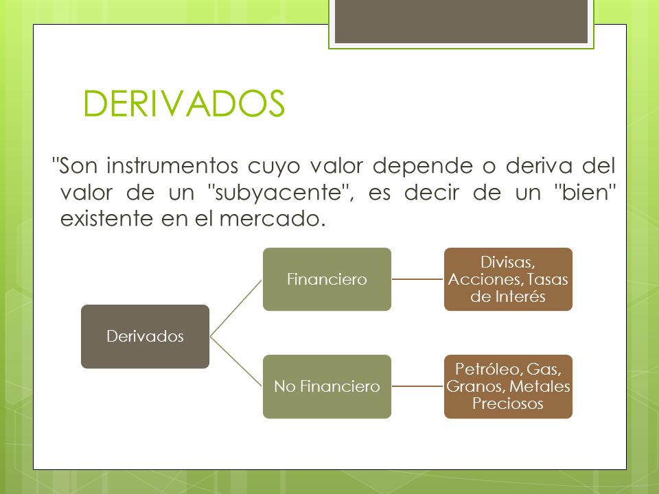 DERIVADOS Son instrumentos cuyo valor depende o deriva del valor de un subyacente , es decir de un bien existente en el mercado.