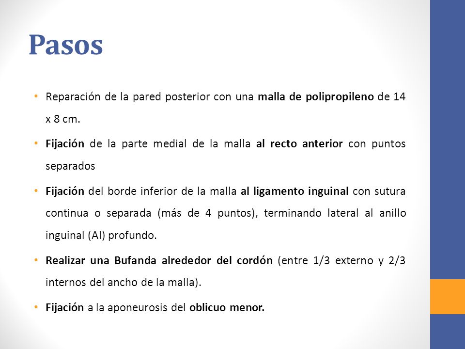 Pasos Reparación de la pared posterior con una malla de polipropileno de 14 x 8 cm.