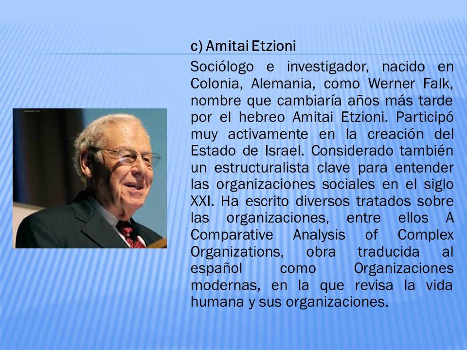c) Amitai Etzioni Sociólogo e investigador, nacido en Colonia, Alemania, como Werner Falk, nombre que cambiaría años más tarde por el hebreo Amitai Etzioni.