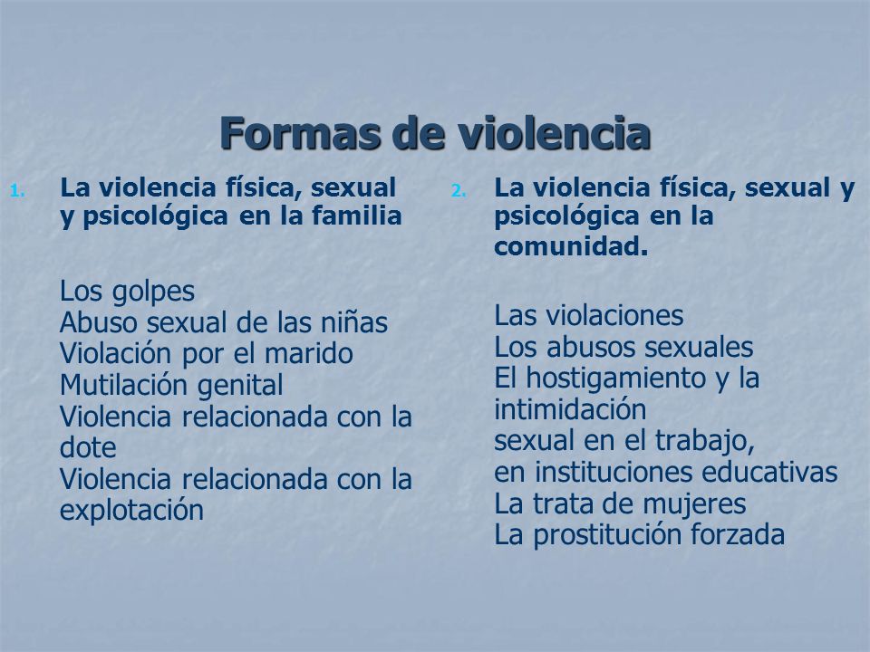 Formas de violencia La violencia física, sexual y psicológica en la familia.