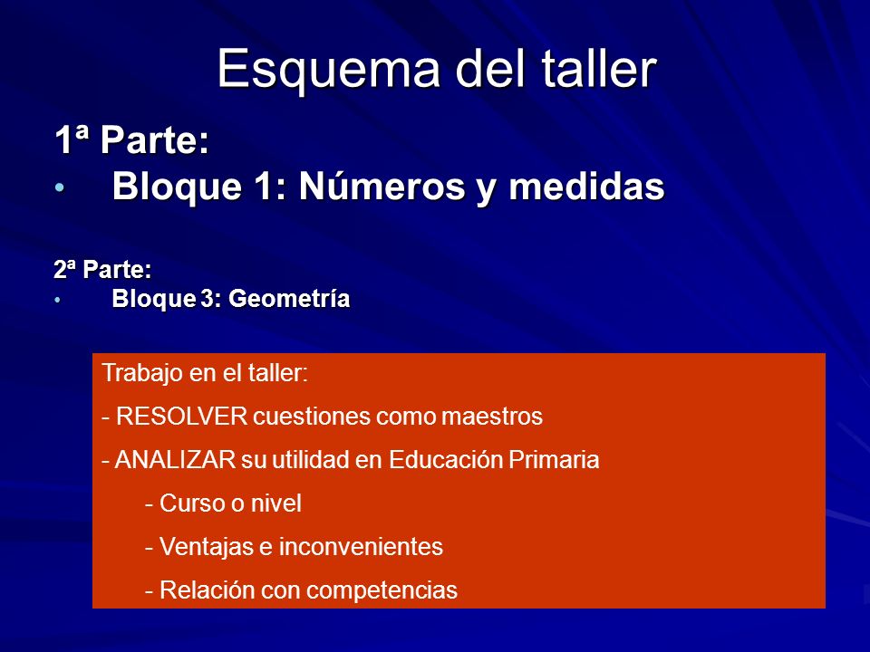 Esquema del taller 1ª Parte: Bloque 1: Números y medidas 2ª Parte: