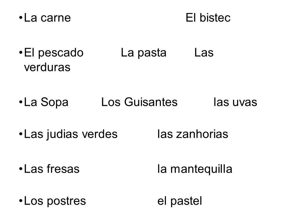 La carne El bistec El pescado La pasta Las verduras. La Sopa Los Guisantes las uvas.