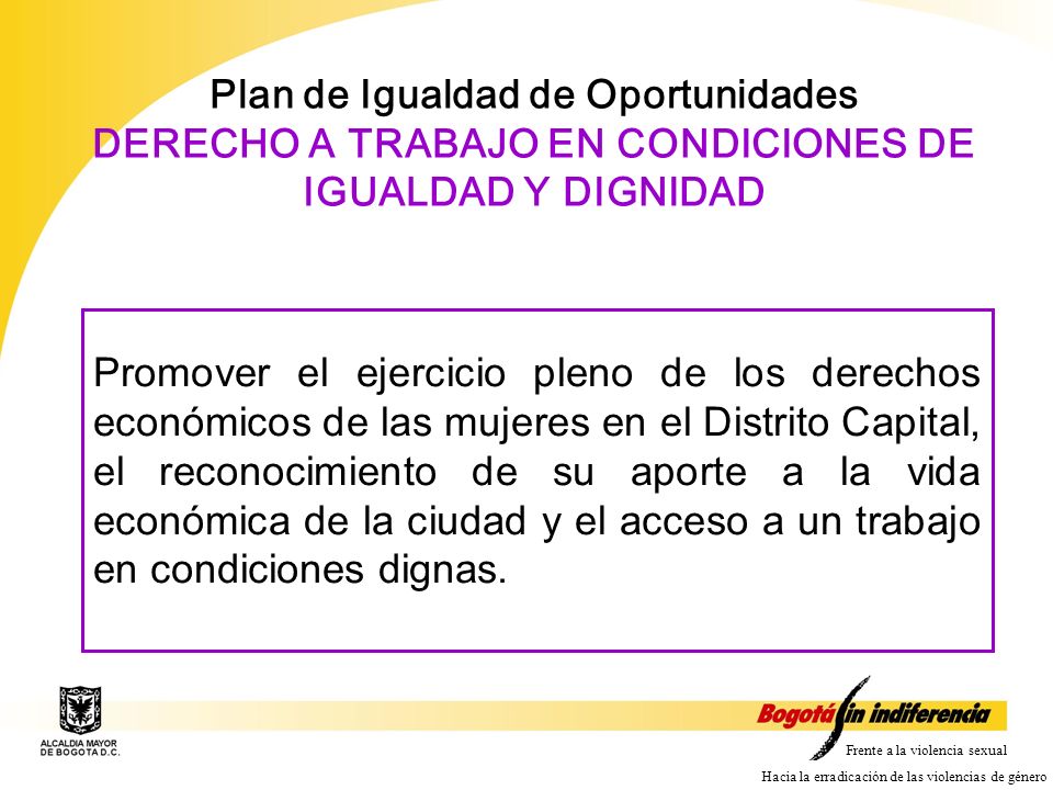 Plan de Igualdad de Oportunidades DERECHO A TRABAJO EN CONDICIONES DE IGUALDAD Y DIGNIDAD