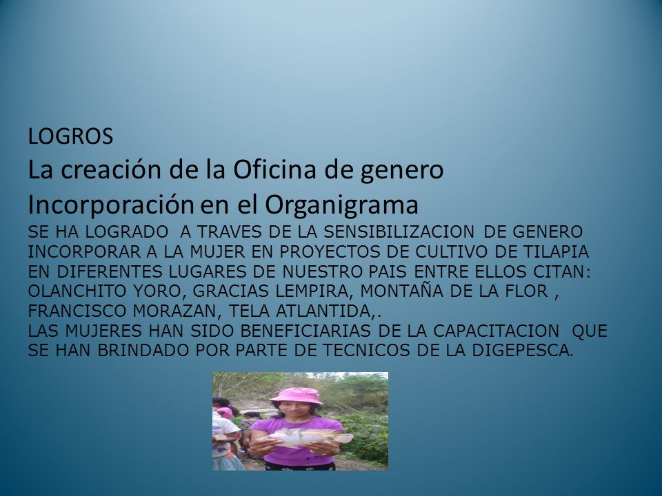 LOGROS La creación de la Oficina de genero Incorporación en el Organigrama SE HA LOGRADO A TRAVES DE LA SENSIBILIZACION DE GENERO INCORPORAR A LA MUJER EN PROYECTOS DE CULTIVO DE TILAPIA EN DIFERENTES LUGARES DE NUESTRO PAIS ENTRE ELLOS CITAN: OLANCHITO YORO, GRACIAS LEMPIRA, MONTAÑA DE LA FLOR , FRANCISCO MORAZAN, TELA ATLANTIDA,.