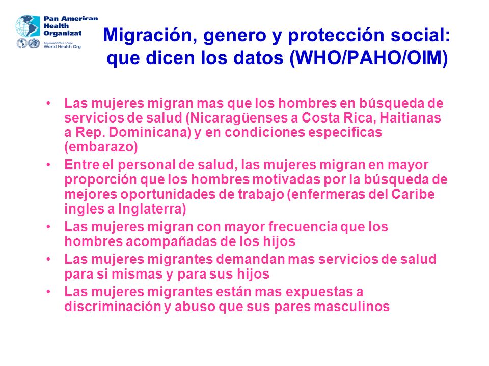Migración, genero y protección social: que dicen los datos (WHO/PAHO/OIM)