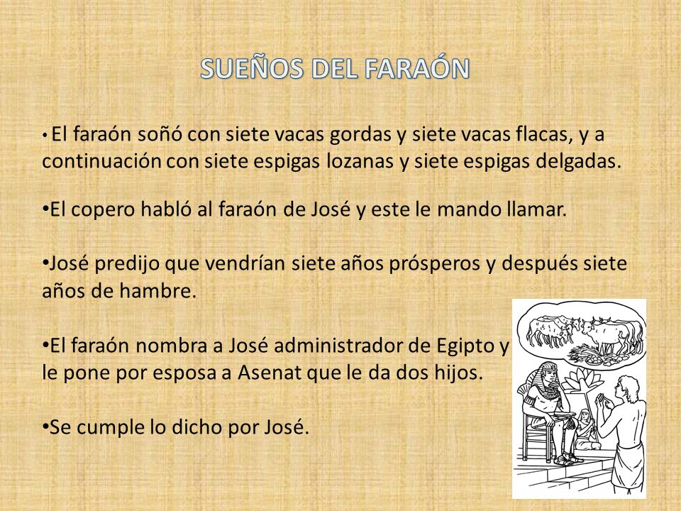 SUEÑOS DEL FARAÓN El faraón soñó con siete vacas gordas y siete vacas flacas, y a continuación con siete espigas lozanas y siete espigas delgadas.