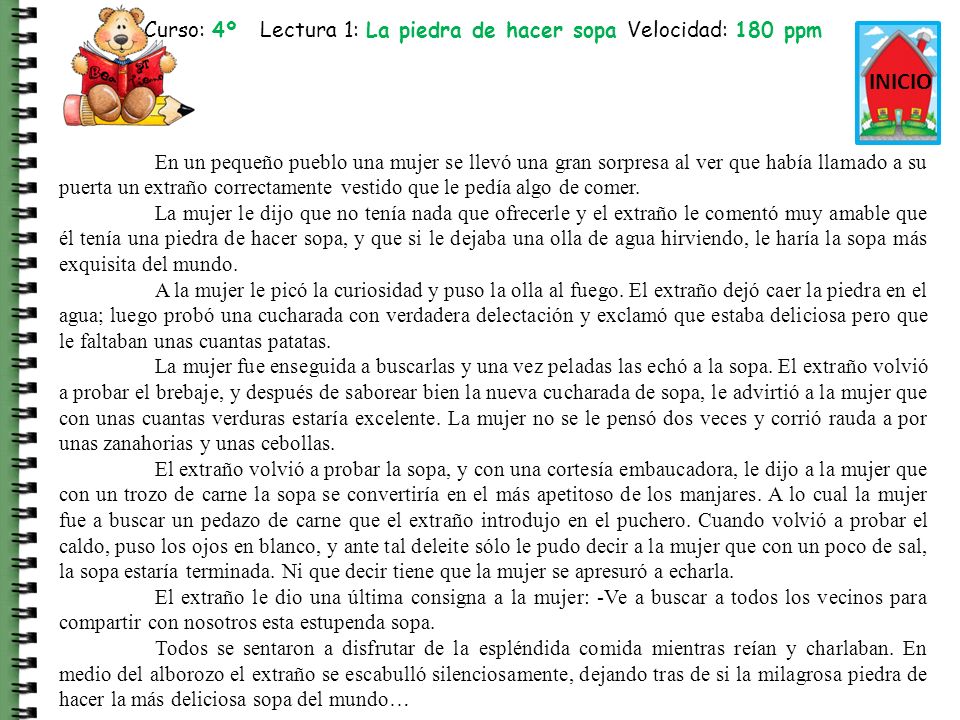 Curso: 4º Lectura 1: La piedra de hacer sopa Velocidad: 180 ppm