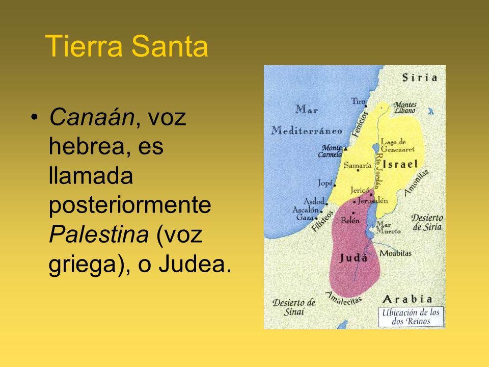 Tierra Santa Canaán, voz hebrea, es llamada posteriormente Palestina (voz griega), o Judea.