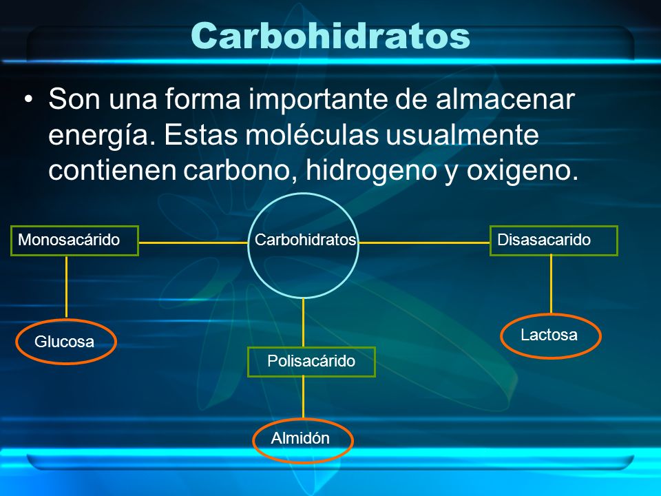 Carbohidratos Son una forma importante de almacenar energía. Estas moléculas usualmente contienen carbono, hidrogeno y oxigeno.