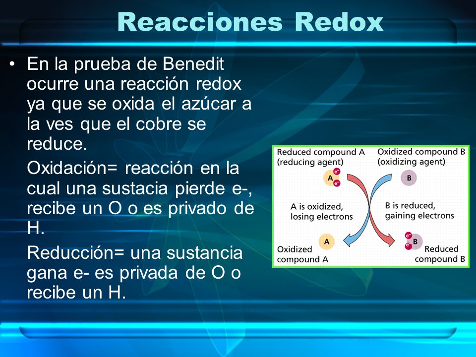 Reacciones Redox En la prueba de Benedit ocurre una reacción redox ya que se oxida el azúcar a la ves que el cobre se reduce.