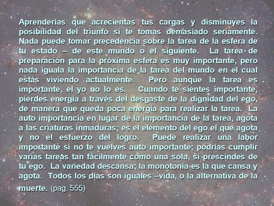 Aprenderías que acrecientas tus cargas y disminuyes la posibilidad del triunfo si te tomas demasiado seriamente.