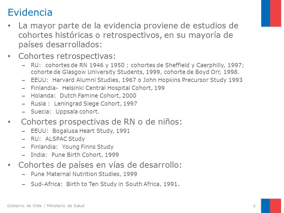 Evidencia La mayor parte de la evidencia proviene de estudios de cohortes históricas o retrospectivos, en su mayoría de países desarrollados: