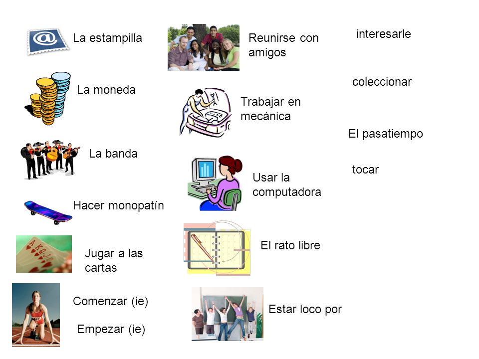 interesarle La estampilla. Reunirse con amigos. coleccionar. La moneda. Trabajar en mecánica. El pasatiempo.