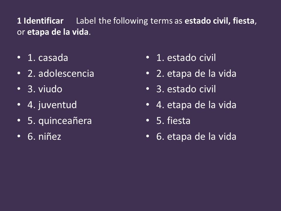 1. casada 2. adolescencia 3. viudo 4. juventud 5. quinceañera 6. niñez