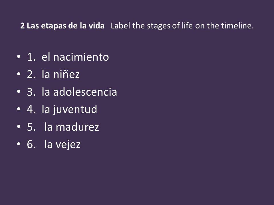 2 Las etapas de la vida Label the stages of life on the timeline.