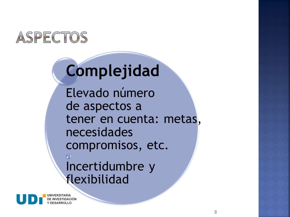 ASPECTOS Complejidad. Elevado número de aspectos a tener en cuenta: metas, necesidades compromisos, etc.