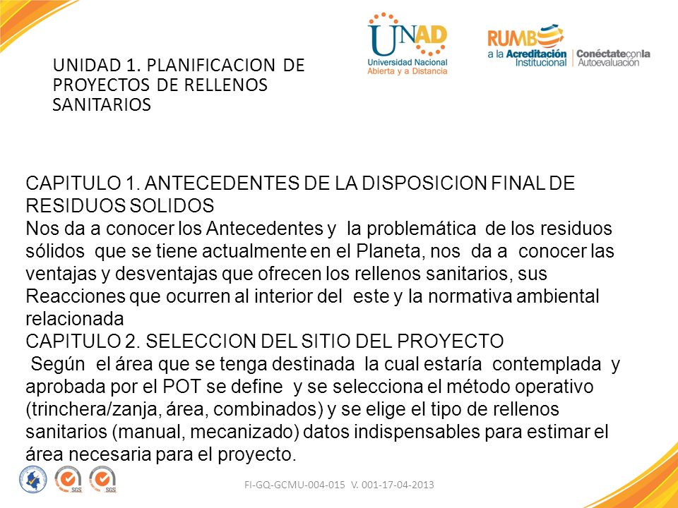 UNIDAD 1. PLANIFICACION DE PROYECTOS DE RELLENOS SANITARIOS