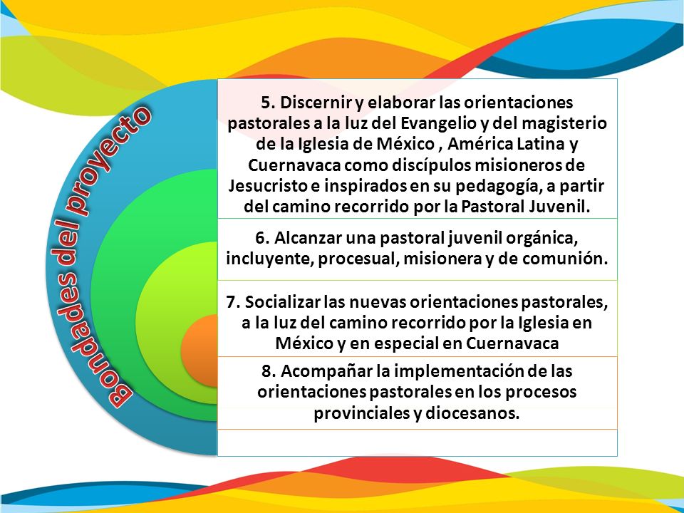 5. Discernir y elaborar las orientaciones pastorales a la luz del Evangelio y del magisterio de la Iglesia de México , América Latina y Cuernavaca como discípulos misioneros de Jesucristo e inspirados en su pedagogía, a partir del camino recorrido por la Pastoral Juvenil.