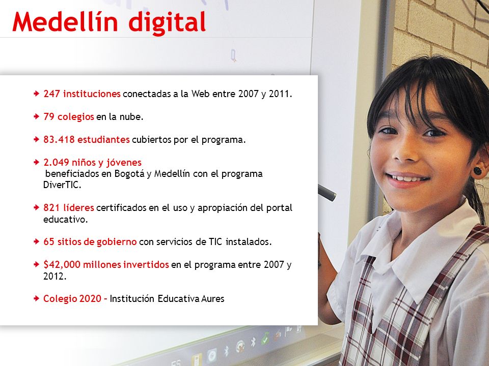 Medellín digital 247 instituciones conectadas a la Web entre 2007 y colegios en la nube estudiantes cubiertos por el programa.
