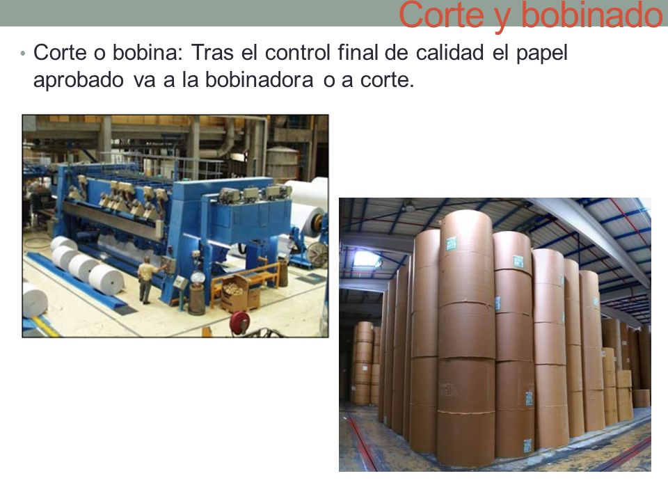 Corte y bobinado Corte o bobina: Tras el control final de calidad el papel aprobado va a la bobinadora o a corte.