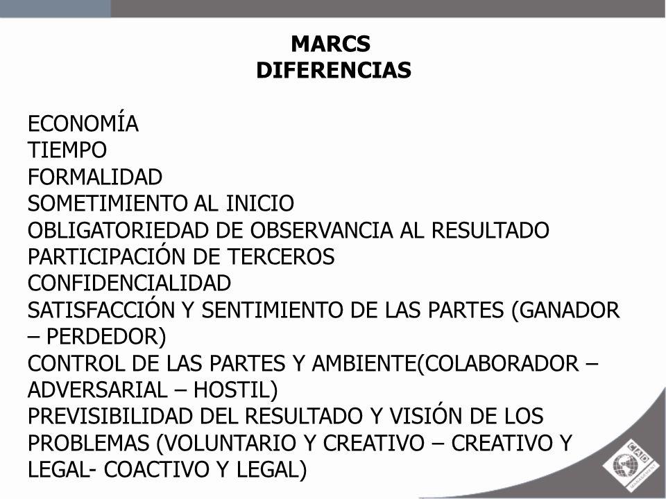 MARCS DIFERENCIAS. ECONOMÍA. TIEMPO. FORMALIDAD. SOMETIMIENTO AL INICIO. OBLIGATORIEDAD DE OBSERVANCIA AL RESULTADO.