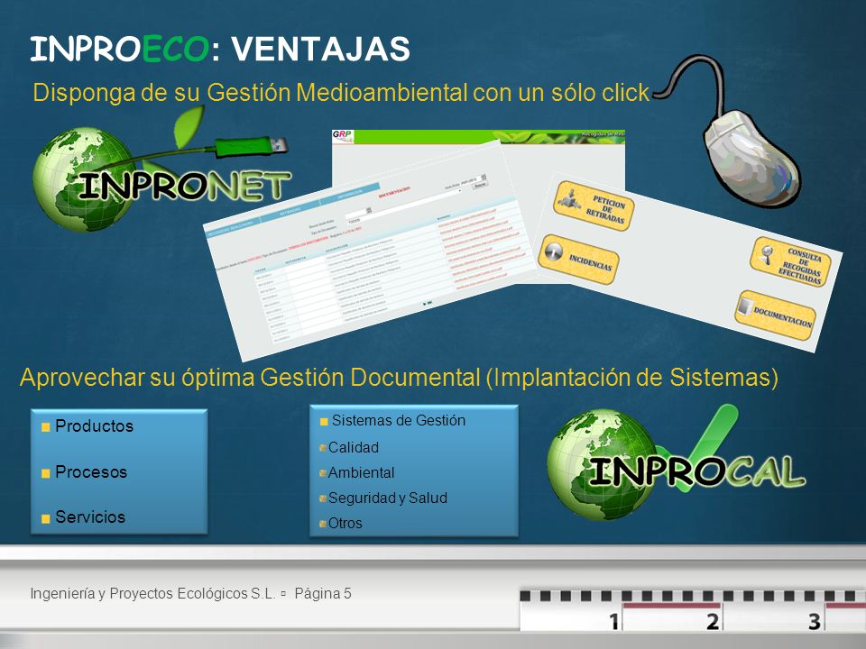 INPROECO: VENTAJAS Disponga de su Gestión Medioambiental con un sólo click. Aprovechar su óptima Gestión Documental (Implantación de Sistemas)