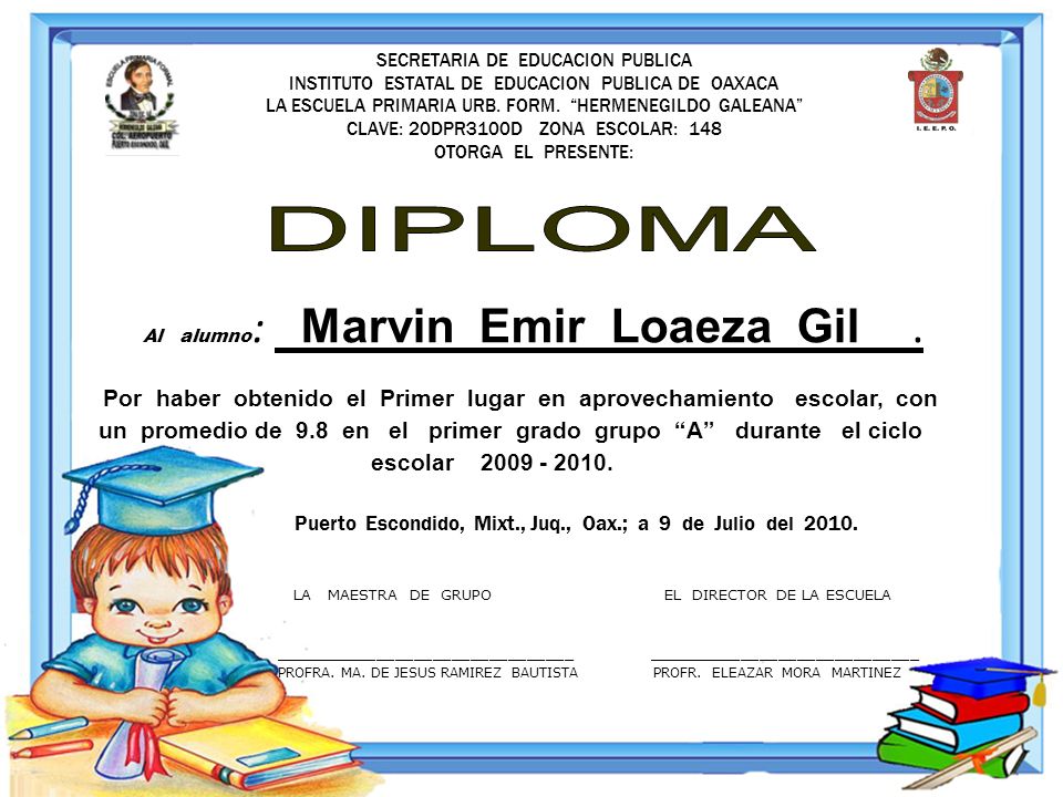 SECRETARIA DE EDUCACION PUBLICA INSTITUTO ESTATAL DE EDUCACION PUBLICA DE OAXACA LA ESCUELA PRIMARIA URB. FORM. HERMENEGILDO GALEANA CLAVE: 20DPR3100D ZONA ESCOLAR: 148 OTORGA EL PRESENTE: