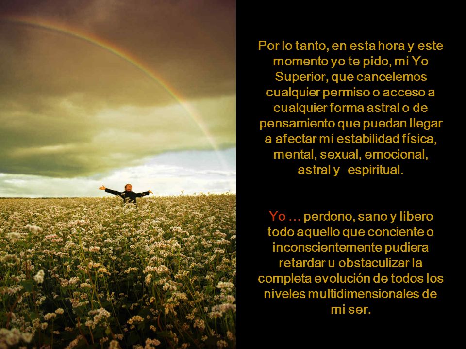 Por lo tanto, en esta hora y este momento yo te pido, mi Yo Superior, que cancelemos cualquier permiso o acceso a cualquier forma astral o de pensamiento que puedan llegar a afectar mi estabilidad física, mental, sexual, emocional, astral y espiritual.
