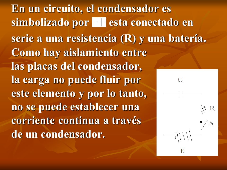 En un circuito, el condensador es simbolizado por esta conectado en serie a una resistencia (R) y una batería.