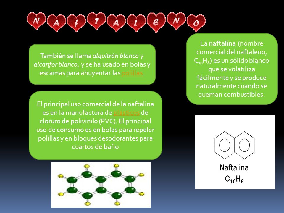 La naftalina (nombre comercial del naftaleno, C10H8) es un sólido blanco que se volatiliza fácilmente y se produce naturalmente cuando se queman combustibles.