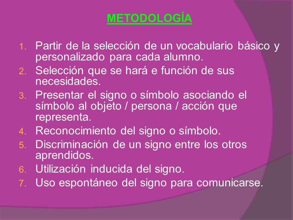 METODOLOGÍA Partir de la selección de un vocabulario básico y personalizado para cada alumno. Selección que se hará e función de sus necesidades.
