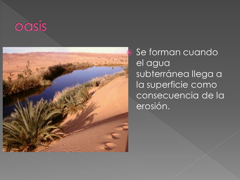 oasis Se forman cuando el agua subterránea llega a la superficie como consecuencia de la erosión.