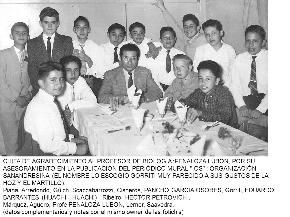 CHIFA DE AGRADECIMIENTO AL PROFESOR DE BIOLOGÍA :PENALOZA LUBON, POR SU ASESORAMIENTO EN LA PUBLICACIÓN DEL PERIÓDICO MURAL OS : ORGANIZACIÓN SANANDRESINA (EL NOMBRE LO ESCOGIÓ GORRITI MUY PARECIDO A SUS GUSTOS DE LA HOZ Y EL MARTILLO).