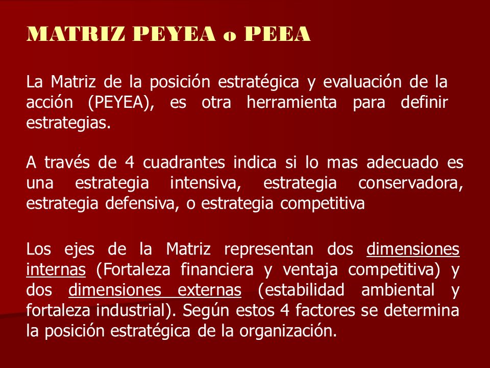 MATRIZ PEYEA o PEEA La Matriz de la posición estratégica y evaluación de la acción (PEYEA), es otra herramienta para definir estrategias.