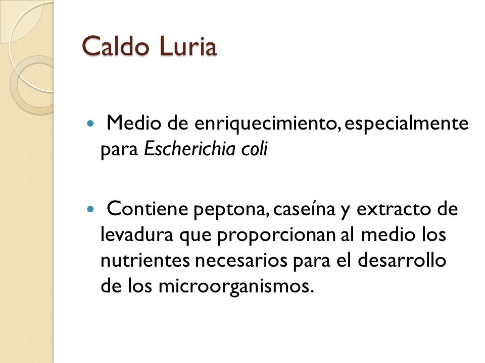 Caldo Luria Medio de enriquecimiento, especialmente para Escherichia coli.