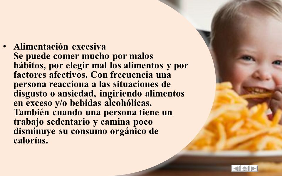 Alimentación excesiva Se puede comer mucho por malos hábitos, por elegir mal los alimentos y por factores afectivos.