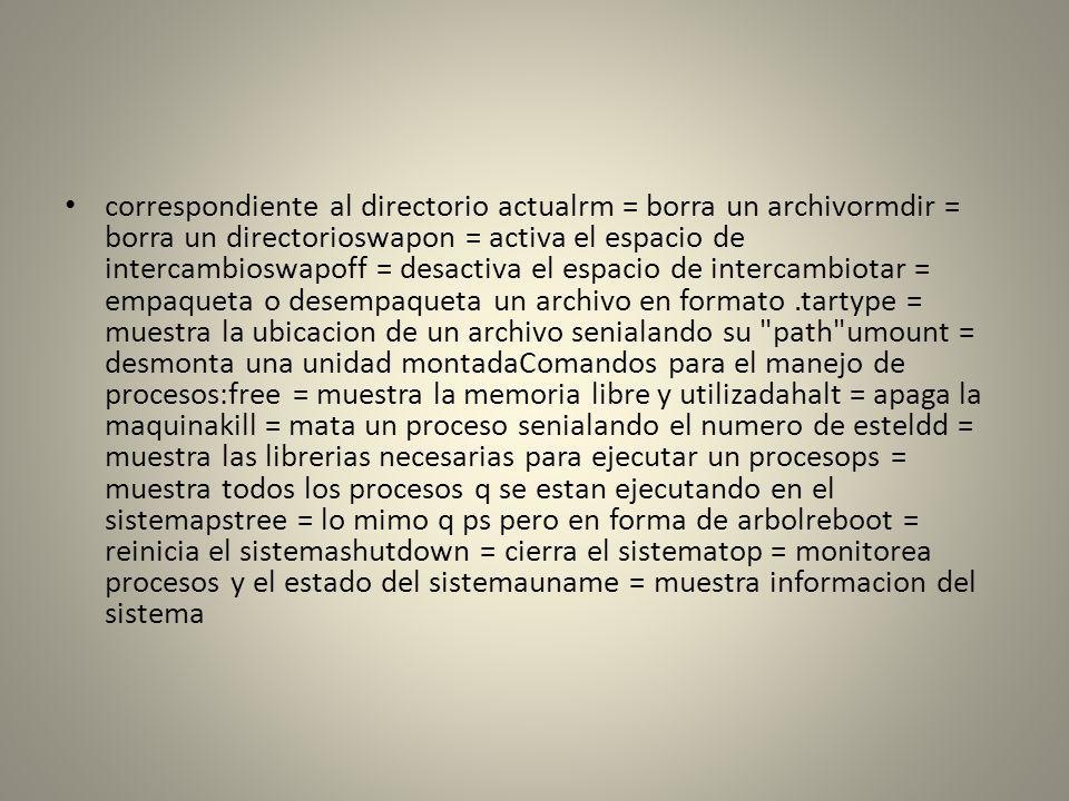 correspondiente al directorio actualrm = borra un archivormdir = borra un directorioswapon = activa el espacio de intercambioswapoff = desactiva el espacio de intercambiotar = empaqueta o desempaqueta un archivo en formato .tartype = muestra la ubicacion de un archivo senialando su path umount = desmonta una unidad montadaComandos para el manejo de procesos:free = muestra la memoria libre y utilizadahalt = apaga la maquinakill = mata un proceso senialando el numero de esteldd = muestra las librerias necesarias para ejecutar un procesops = muestra todos los procesos q se estan ejecutando en el sistemapstree = lo mimo q ps pero en forma de arbolreboot = reinicia el sistemashutdown = cierra el sistematop = monitorea procesos y el estado del sistemauname = muestra informacion del sistema