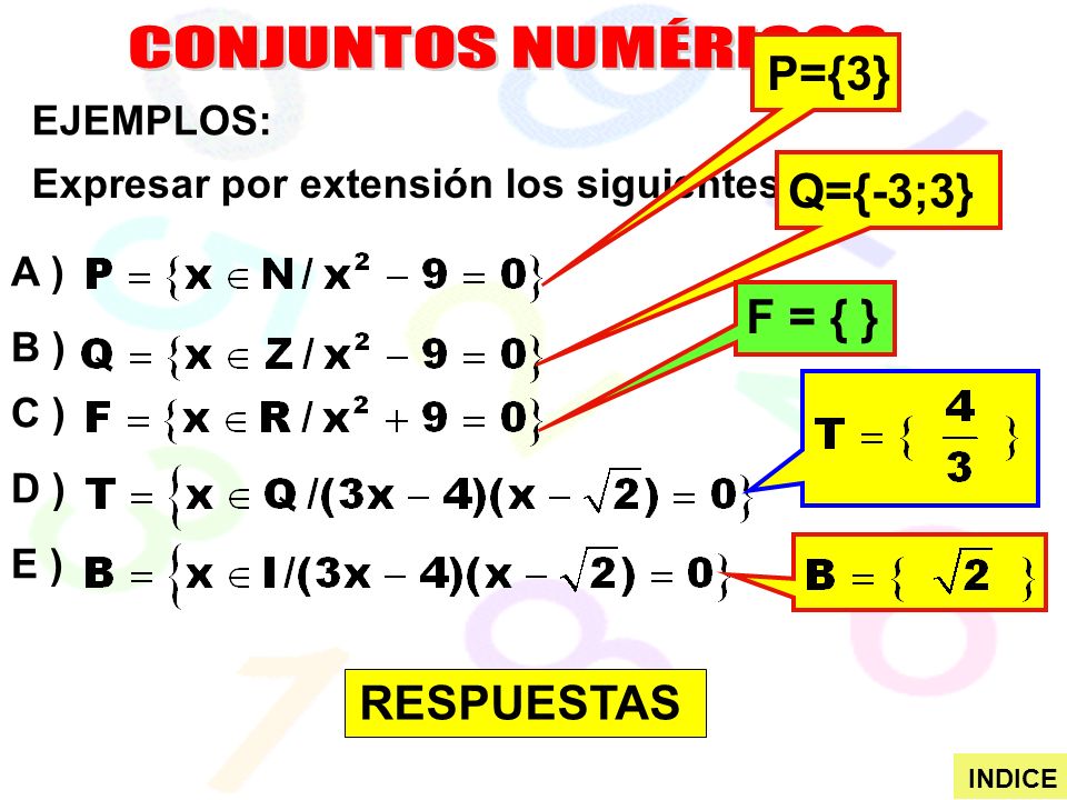 CONJUNTOS NUMÉRICOS P={3} Q={-3;3} F = { } RESPUESTAS EJEMPLOS: