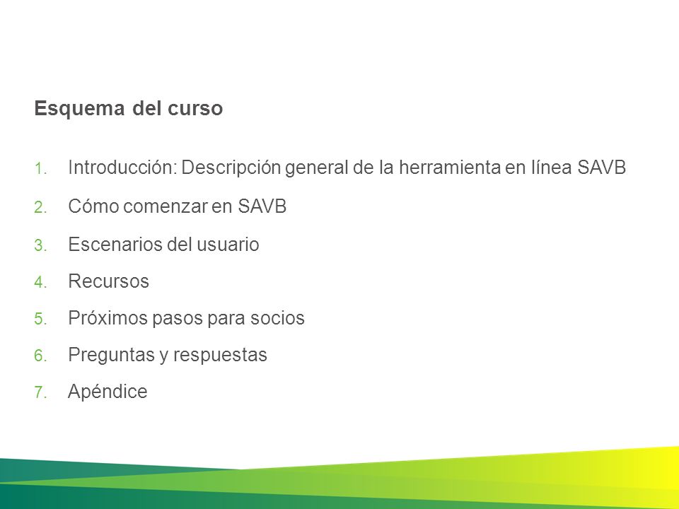 Esquema del curso Introducción: Descripción general de la herramienta en línea SAVB. Cómo comenzar en SAVB.