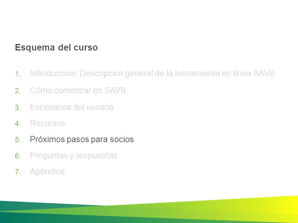 Esquema del curso Introducción: Descripción general de la herramienta en línea SAVB. Cómo comenzar en SAVB.