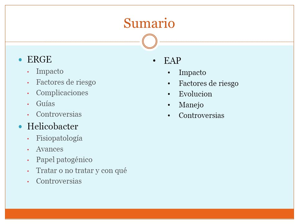 Sumario ERGE EAP Helicobacter Impacto Impacto Factores de riesgo
