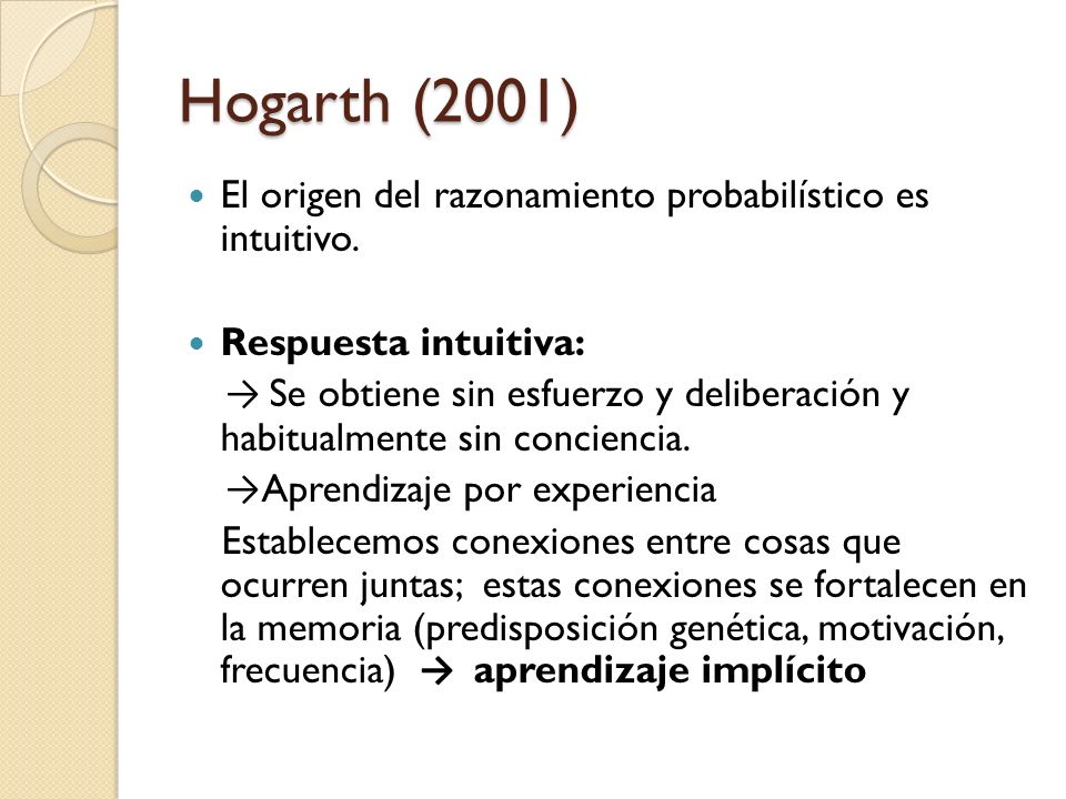 Hogarth (2001) El origen del razonamiento probabilístico es intuitivo.