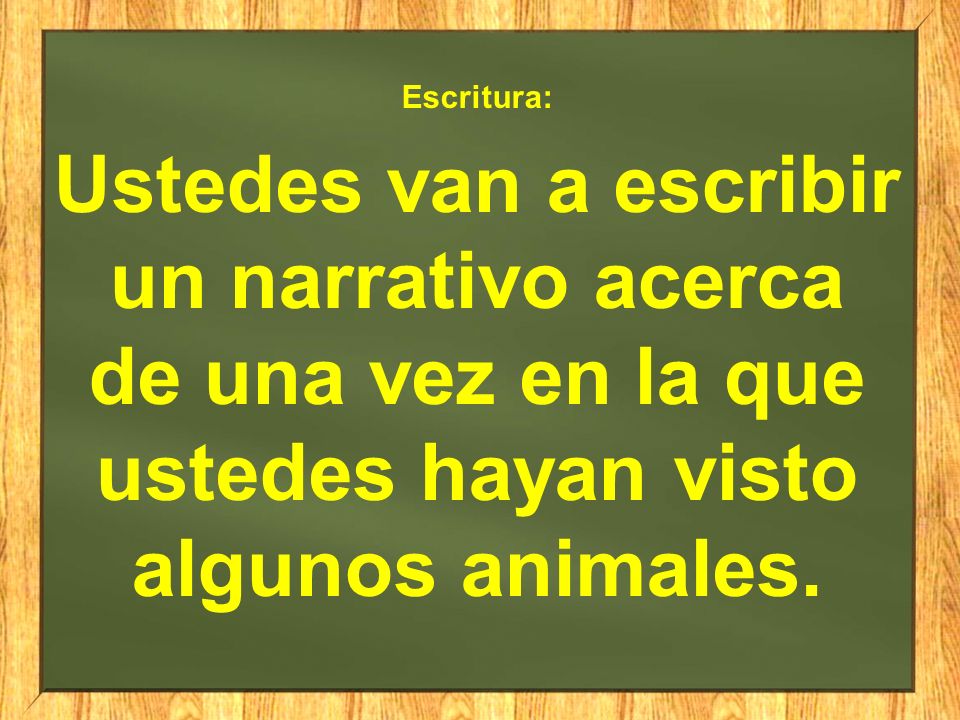 Escritura: Ustedes van a escribir un narrativo acerca de una vez en la que ustedes hayan visto algunos animales.
