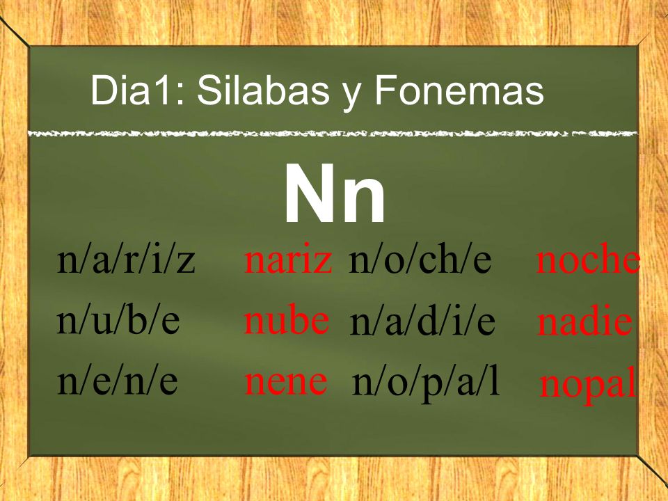 Nn n/a/r/i/z nariz n/o/ch/e noche n/u/b/e nube n/a/d/i/e nadie n/e/n/e