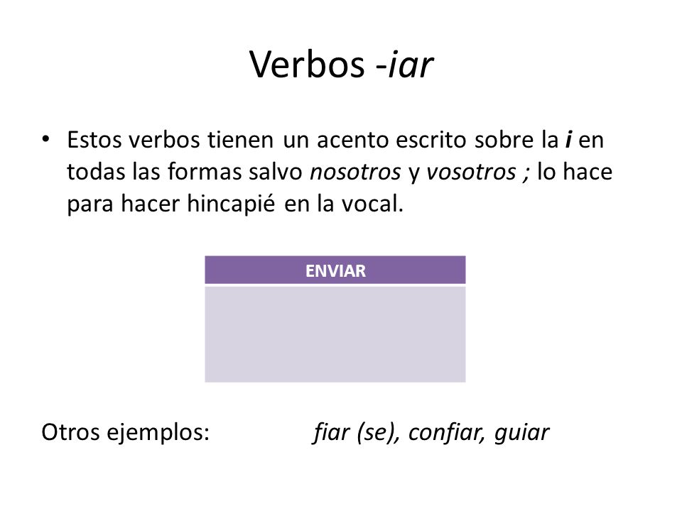 Verbos -iar Estos verbos tienen un acento escrito sobre la i en todas las formas salvo nosotros y vosotros ; lo hace para hacer hincapié en la vocal.
