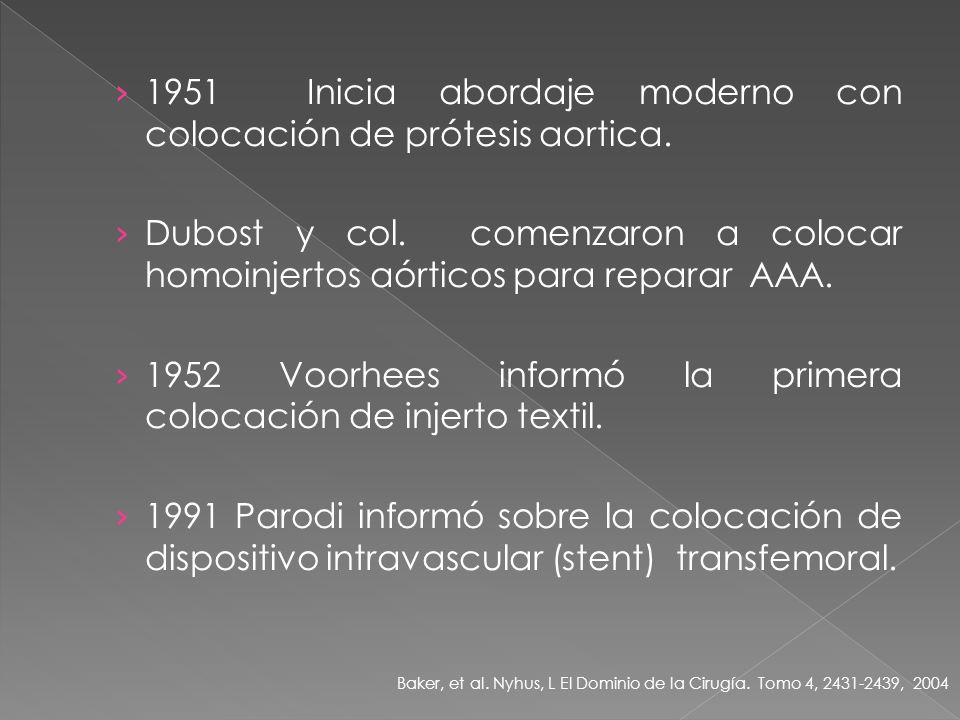 1951 Inicia abordaje moderno con colocación de prótesis aortica.