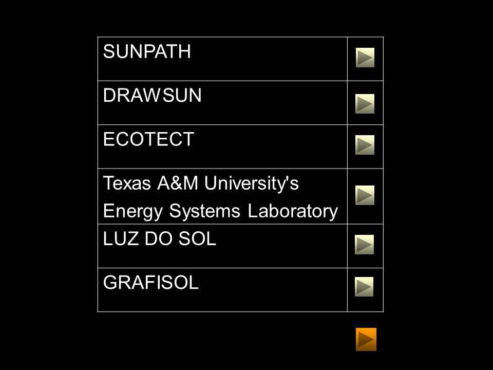 SUNPATH DRAWSUN ECOTECT Texas A&M University s Energy Systems Laboratory LUZ DO SOL GRAFISOL