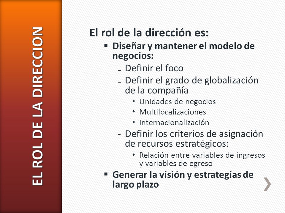 EL ROL DE LA DIRECCION El rol de la dirección es: