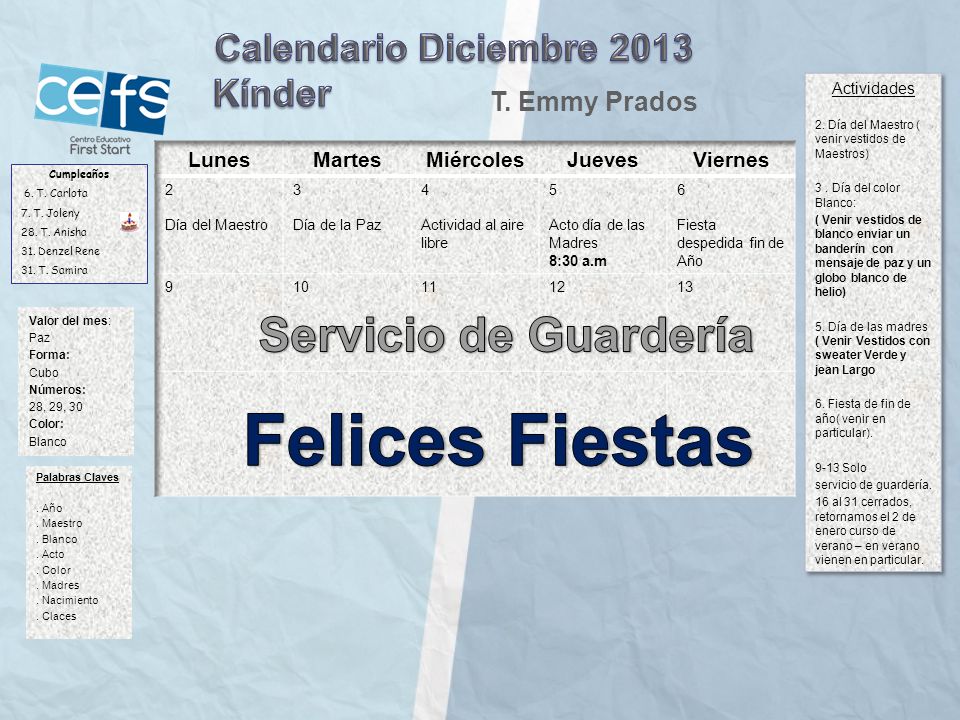 Felices Fiestas Servicio de Guardería Calendario Diciembre 2013 Kínder